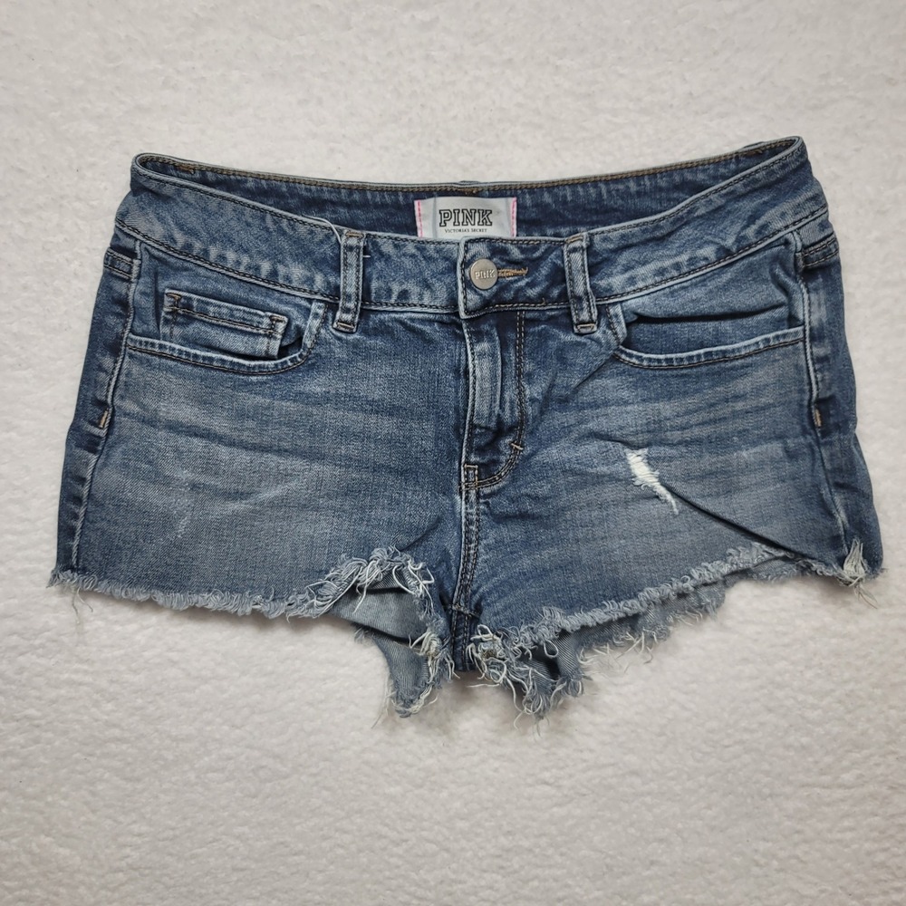 PINK Victoria's Secret Denim Shorts Blue Distressed Frayed Hem Womens Size 6
